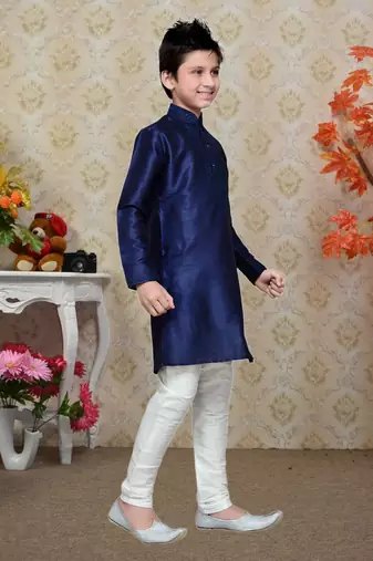 Navy Blue Art Silk Kids Kurta Pyjama For Boys