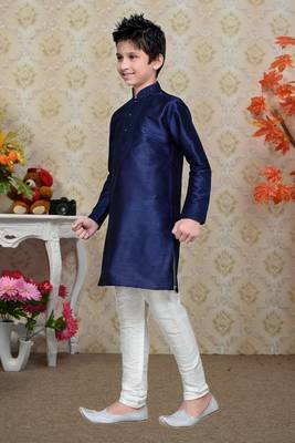 Navy Blue Art Silk Kids Kurta Pyjama For Boys 3