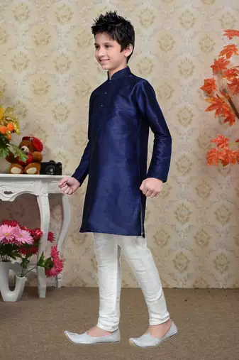 Navy Blue Art Silk Kids Kurta Pyjama For Boys