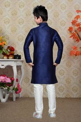 Navy Blue Art Silk Kids Kurta Pyjama For Boys 4