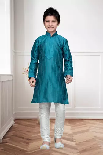 Rama Green Art Silk Kids Kurta Pyjama For Boys
