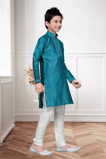 Rama Green Art Silk Kids Kurta Pyjama For Boys