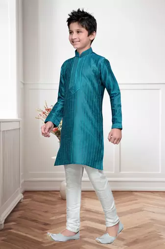 Rama Green Art Silk Kids Kurta Pyjama For Boys