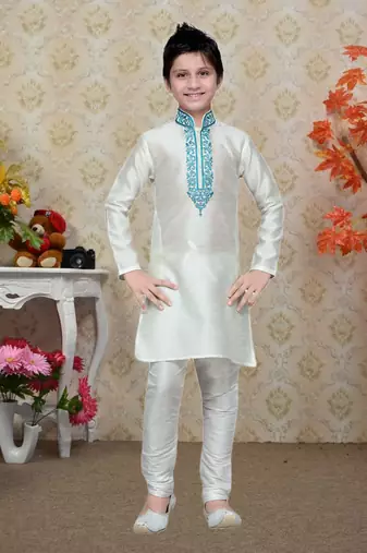White Art Silk Kids Kurta Pyjama For Boys