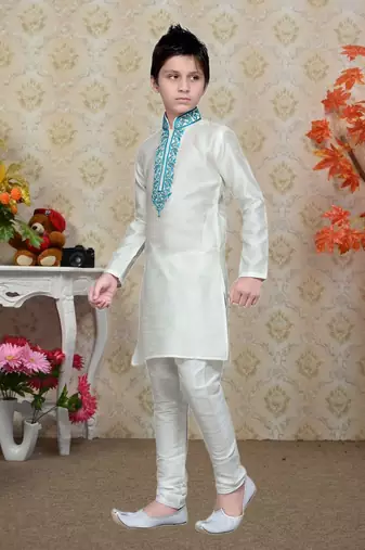 White Art Silk Kids Kurta Pyjama For Boys