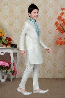 White Art Silk Kids Kurta Pyjama For Boys 1