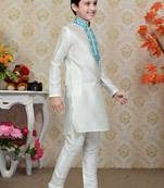 White Art Silk Kids Kurta Pyjama For Boys