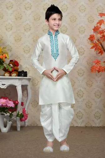 White Art Silk Kids Kurta Pyjama For Boys