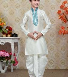 White Art Silk Kids Kurta Pyjama For Boys