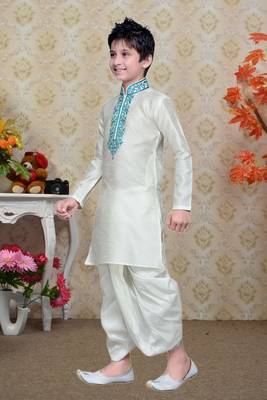 White Art Silk Kids Kurta Pyjama For Boys 1