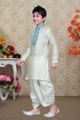 White Art Silk Kids Kurta Pyjama For Boys