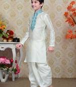White Art Silk Kids Kurta Pyjama For Boys