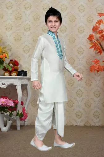 White Art Silk Kids Kurta Pyjama For Boys