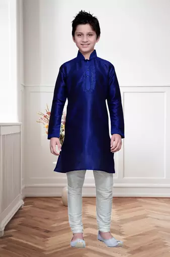 Royal Blue Art Silk Kids Kurta Pyjama For Boys