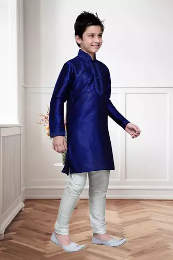 Royal Blue Art Silk Kids Kurta Pyjama For Boys