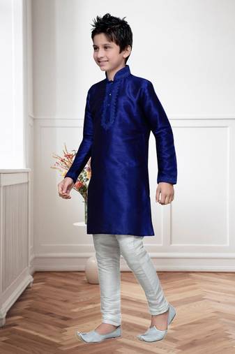 Royal Blue Art Silk Kids Kurta Pyjama For Boys