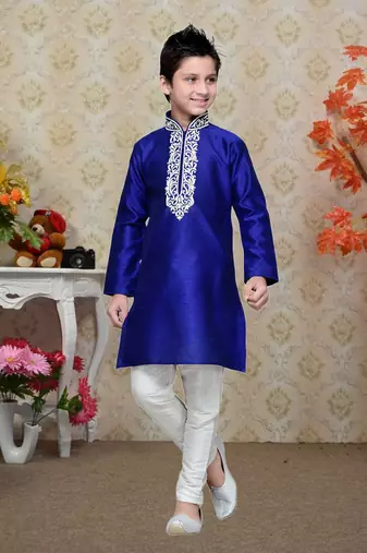 Royal Blue Art Silk Kids Kurta Pyjama For Boys