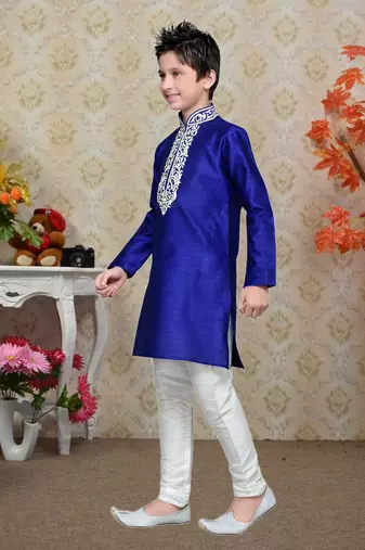 Royal Blue Art Silk Kids Kurta Pyjama For Boys
