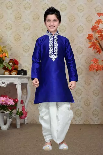 Royal Blue Art Silk Kids Kurta Pyjama For Boys