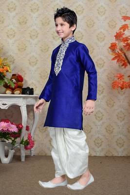 Royal Blue Art Silk Kids Kurta Pyjama For Boys 1