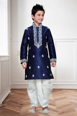 Navy Blue Art Silk Kids Kurta Pyjama For Boys 2