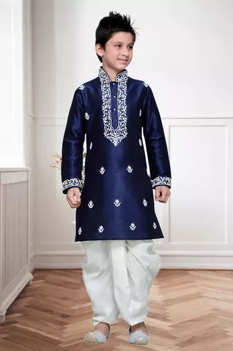 Navy Blue Art Silk Kids Kurta Pyjama For Boys