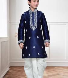 Navy Blue Art Silk Kids Kurta Pyjama For Boys