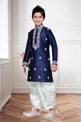 Navy Blue Art Silk Kids Kurta Pyjama For Boys 3