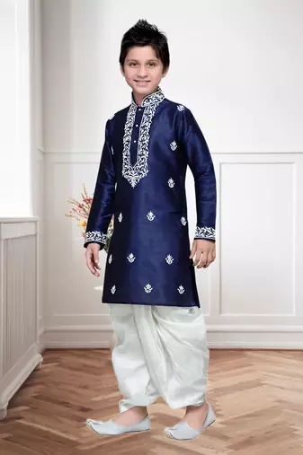 Navy Blue Art Silk Kids Kurta Pyjama For Boys