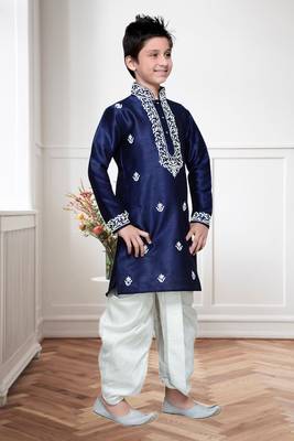 Navy Blue Art Silk Kids Kurta Pyjama For Boys 1