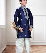 Navy Blue Art Silk Kids Kurta Pyjama For Boys