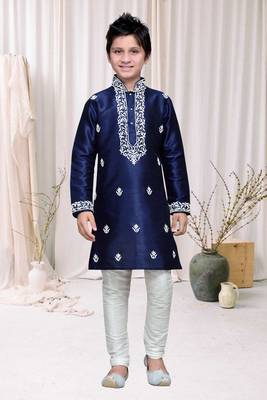 Navy Blue Art Silk Kids Kurta Pyjama For Boys 2