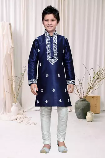 Navy Blue Art Silk Kids Kurta Pyjama For Boys