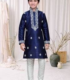 Navy Blue Art Silk Kids Kurta Pyjama For Boys