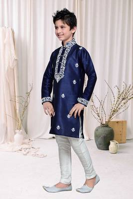 Navy Blue Art Silk Kids Kurta Pyjama For Boys 3