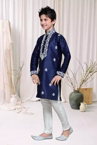Navy Blue Art Silk Kids Kurta Pyjama For Boys