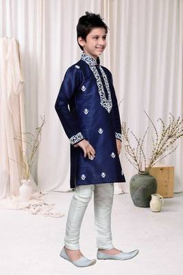 Navy Blue Art Silk Kids Kurta Pyjama For Boys 1