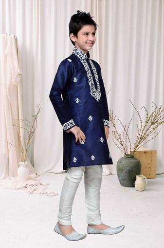 Navy Blue Art Silk Kids Kurta Pyjama For Boys