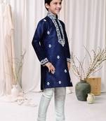 Navy Blue Art Silk Kids Kurta Pyjama For Boys