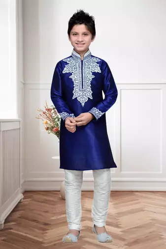 Navy Blue Art Silk Kids Kurta Pyjama For Boys