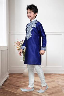 Navy Blue Art Silk Kids Kurta Pyjama For Boys 3