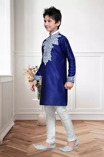 Navy Blue Art Silk Kids Kurta Pyjama For Boys