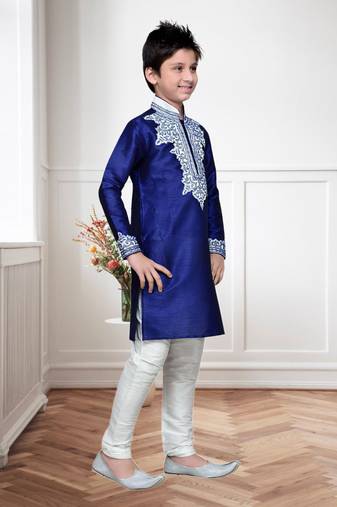 Navy Blue Art Silk Kids Kurta Pyjama For Boys