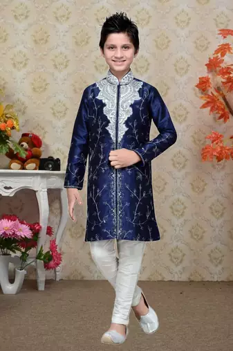 Navy Blue Art Silk Kids Kurta Pyjama For Boys