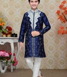 Navy Blue Art Silk Kids Kurta Pyjama For Boys