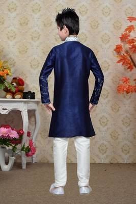 Navy Blue Art Silk Kids Kurta Pyjama For Boys 3