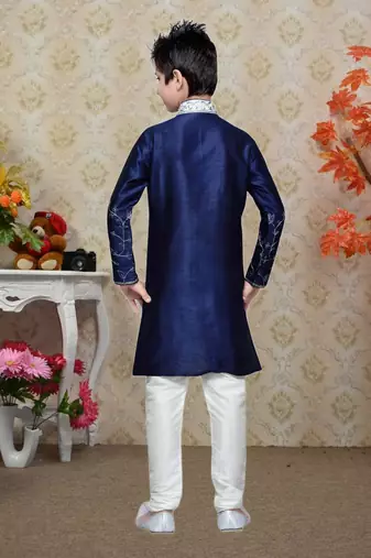 Navy Blue Art Silk Kids Kurta Pyjama For Boys