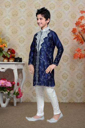 Navy Blue Art Silk Kids Kurta Pyjama For Boys