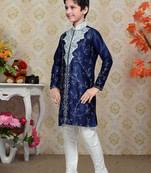 Navy Blue Art Silk Kids Kurta Pyjama For Boys