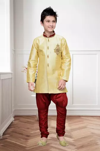 Gold  Art Silk Kids Kurta Pyjama For Boys